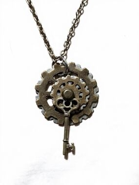Antique Vintage Look Handmade Steampunk Gear & Key Pendant Necklace - Bronze
